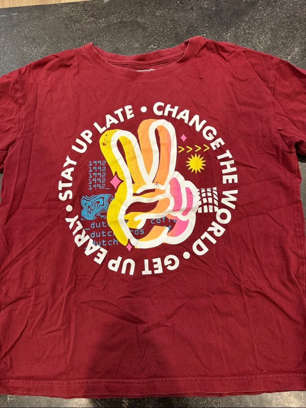 Dutch Bros Maroon Short-Sleeve Tee with Multicolor Peace Hand Graphic